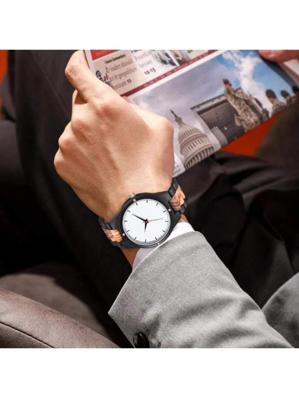 Men's White 100% Manual Round Classic Wrist Analog Quartz Handmade Wooden Watch